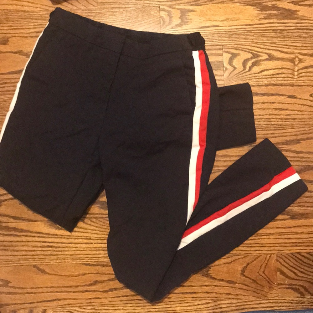 Dress pants with white and blue striped sides